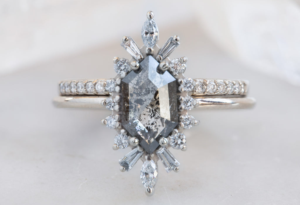 Hexagon Cut Salt + Pepper Diamond Engagement Ring with Vintage Halo