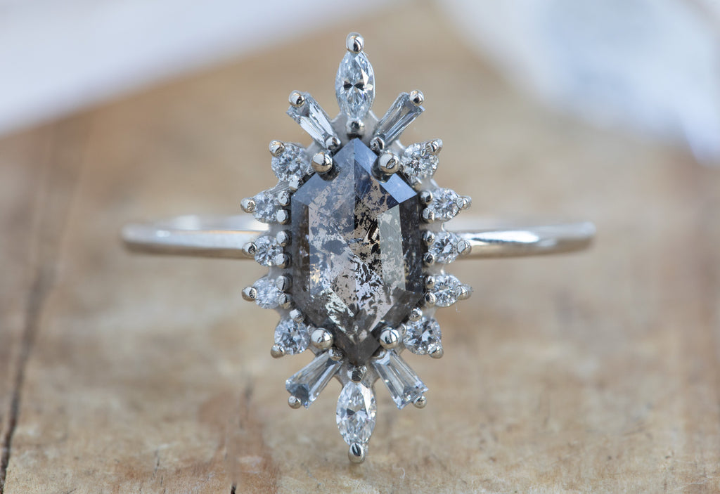 Hexagon Cut Salt + Pepper Diamond Engagement Ring with Vintage Halo