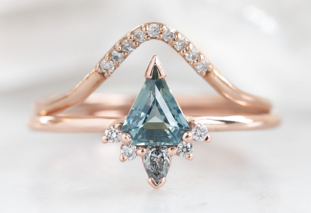 Shield Cut Sapphire Engagement Ring with Attached Diamond Sunburst