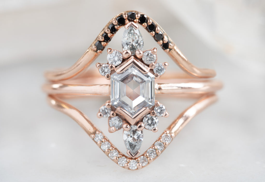 Hexagon Cut White Diamond Engagement Ring with Attached Sunbursts