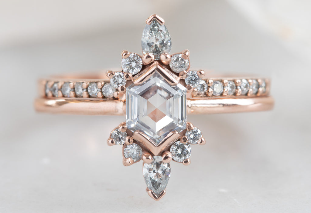 Hexagon Cut White Diamond Engagement Ring with Attached Sunbursts
