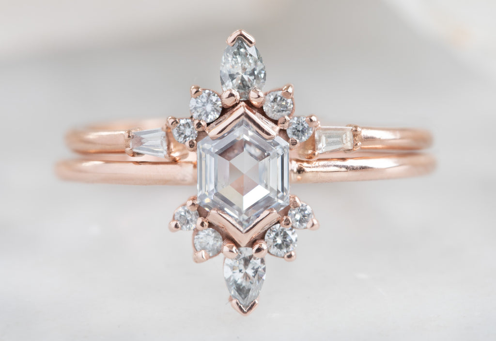 Hexagon Cut White Diamond Engagement Ring with Attached Sunbursts