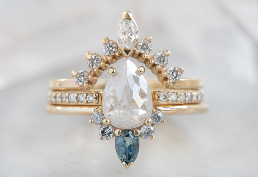 Rose Cut Icy White Diamond Engagement Ring with Sapphire + Diamond Sunburst