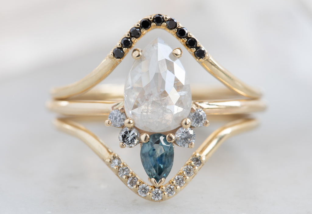 Rose Cut Icy White Diamond Engagement Ring with Sapphire + Diamond Sunburst