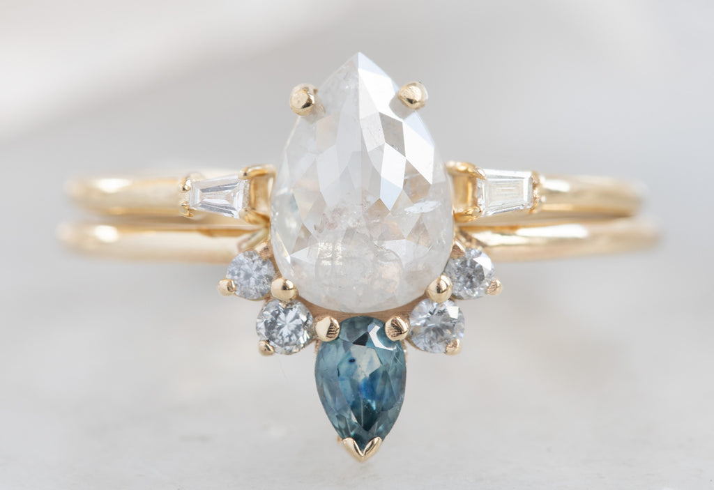 Rose Cut Icy White Diamond Engagement Ring with Sapphire + Diamond Sunburst