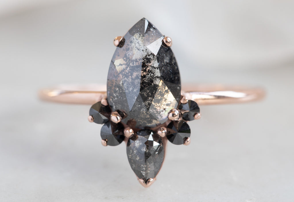 Rose Cut Black Diamond Engagement Ring with Black Diamond Sunburst
