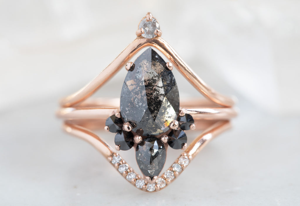 Rose Cut Black Diamond Engagement Ring with Black Diamond Sunburst