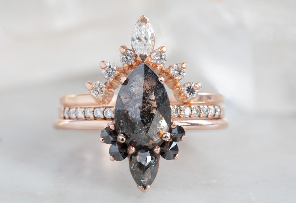 Rose Cut Black Diamond Engagement Ring with Black Diamond Sunburst