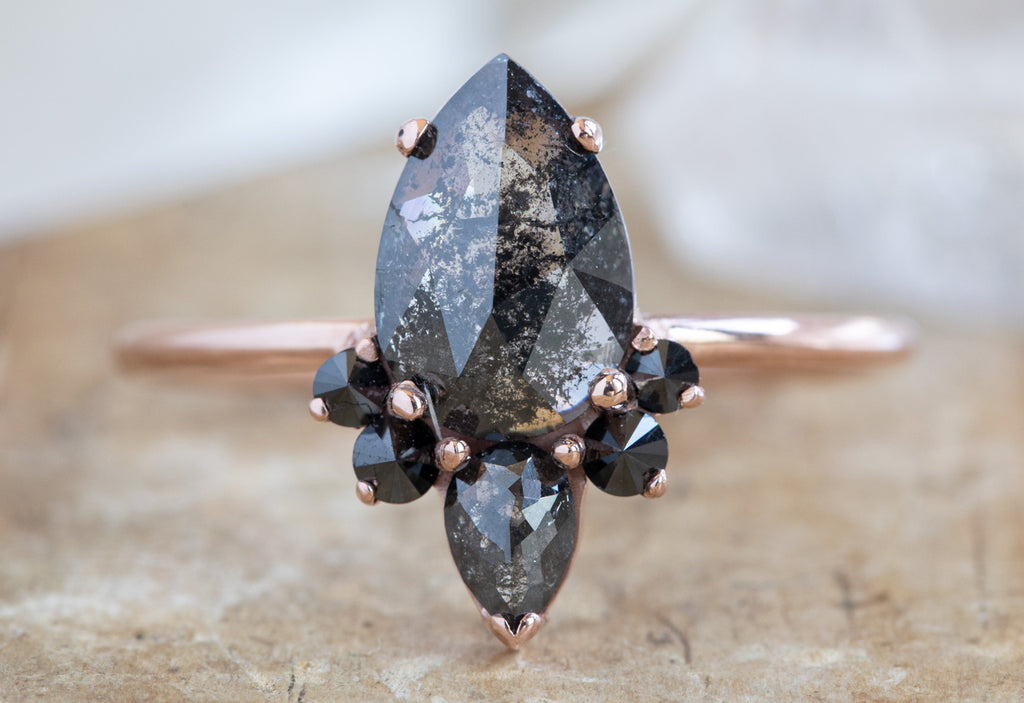 Rose Cut Black Diamond Engagement Ring with Black Diamond Sunburst