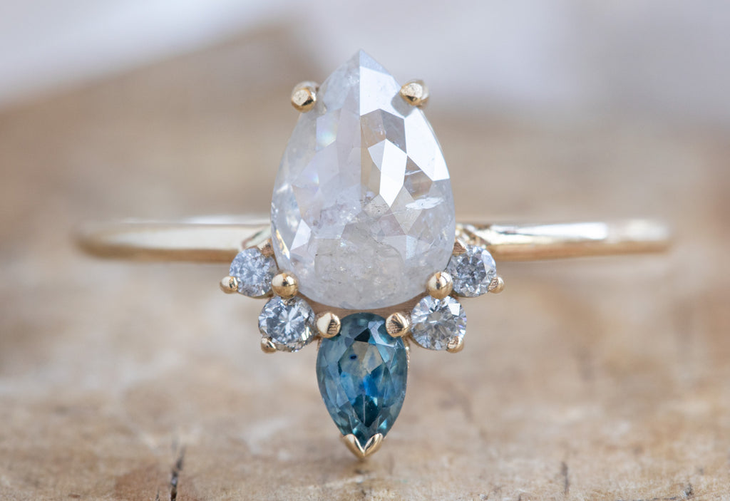 Rose Cut Icy White Diamond Engagement Ring with Sapphire + Diamond Sunburst