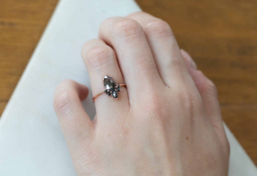 Rose Cut Black Diamond Engagement Ring with Black Diamond Sunburst