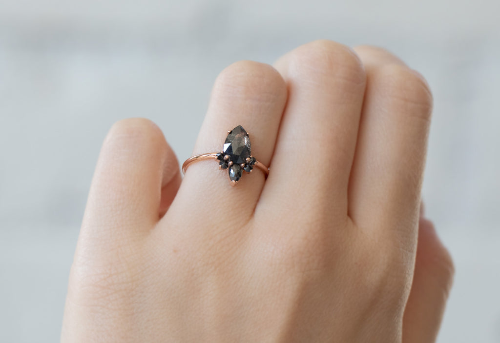 Rose Cut Black Diamond Engagement Ring with Black Diamond Sunburst