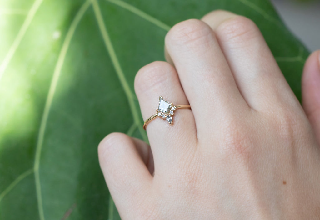 Kite-Shaped White Diamond Engagement Ring with Attached Sunburst