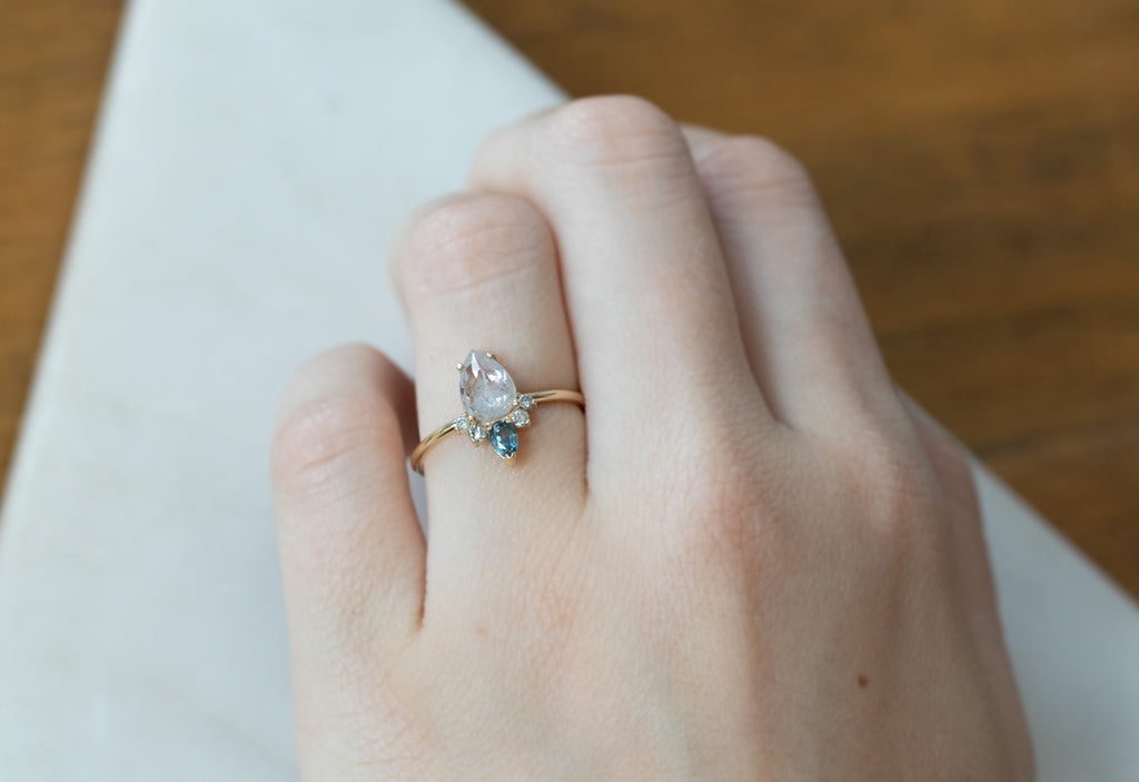Rose Cut Icy White Diamond Engagement Ring with Sapphire + Diamond Sunburst