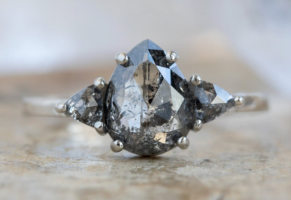 Three-Stone Rose Cut Black Diamond Engagement Ring