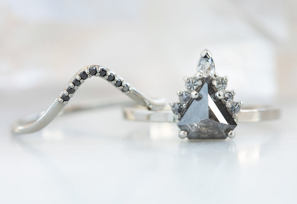 Shield Cut Black Diamond Engagement Ring with Attached Sunburst