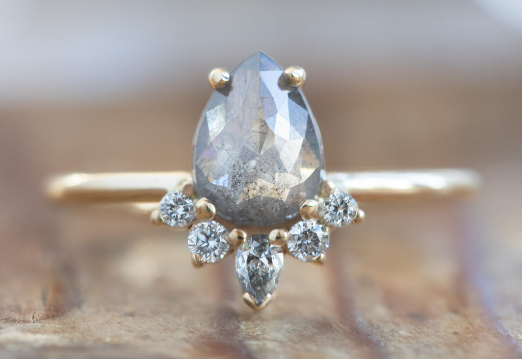 Rose Cut Salt + Pepper Diamond Engagement Ring with Attached Sunburst