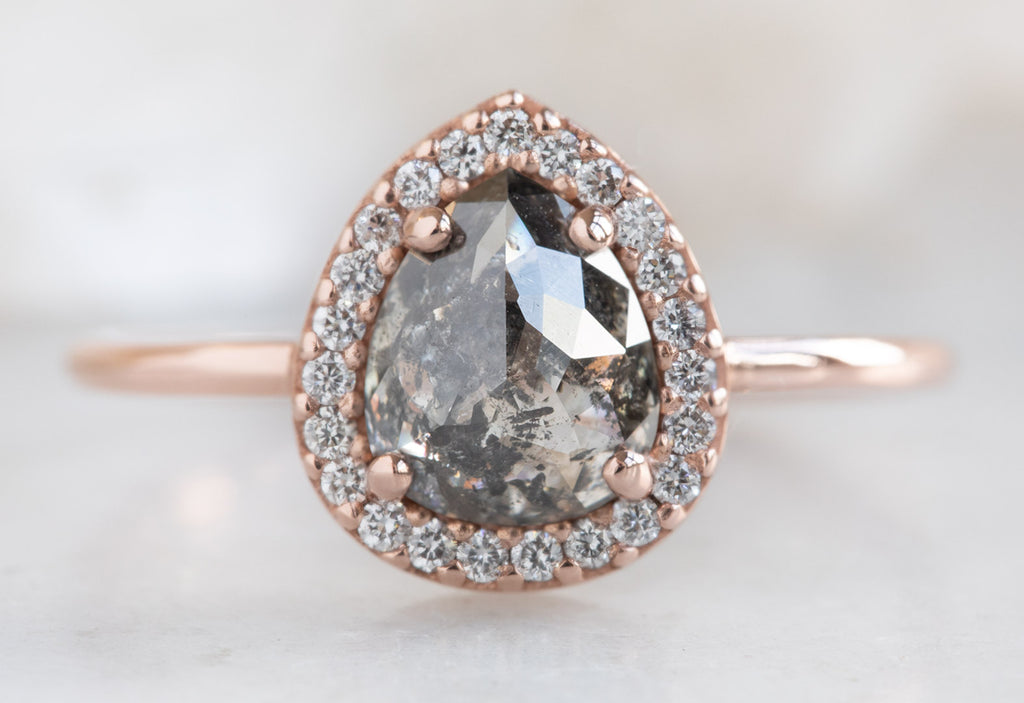 One Of A Kind Rose Cut Salt + Pepper Diamond Engagement Ring with Halo