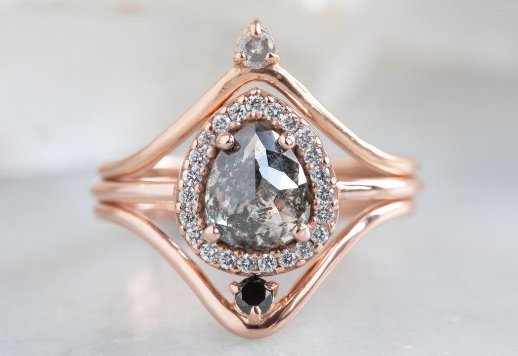 One Of A Kind Rose Cut Salt + Pepper Diamond Engagement Ring with Halo