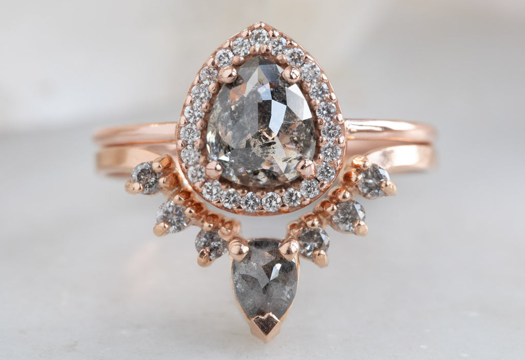 One Of A Kind Rose Cut Salt + Pepper Diamond Engagement Ring with Halo