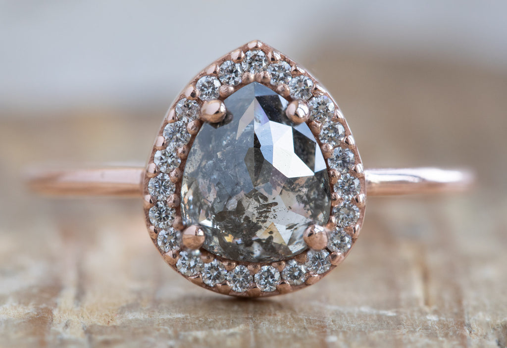 One Of A Kind Rose Cut Salt + Pepper Diamond Engagement Ring with Halo