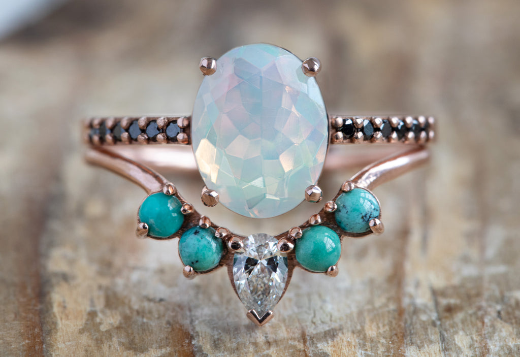 Australian Opal + Black Diamond Pavé Engagement Ring with Stacking Band