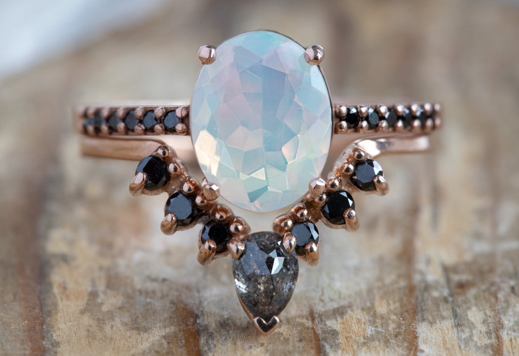 Australian Opal + Black Diamond Pavé Engagement Ring with Stacking Band
