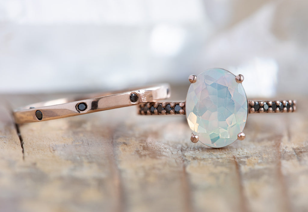 Australian Opal + Black Diamond Pavé Engagement Ring with Stacking Band