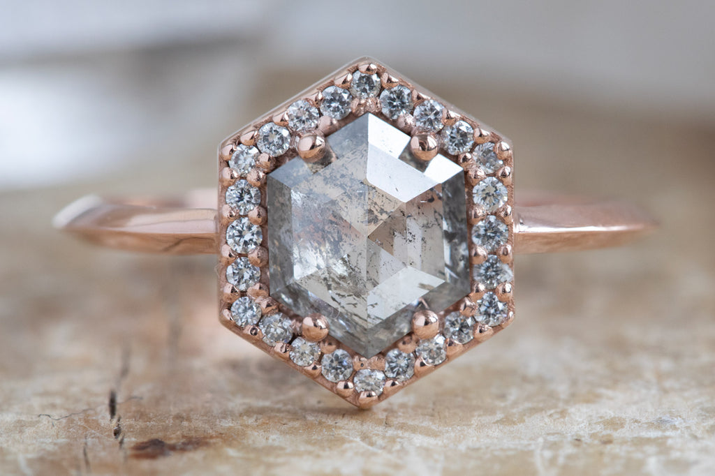 The Dahlia Ring with a Salt + Pepper Hexagon Diamond