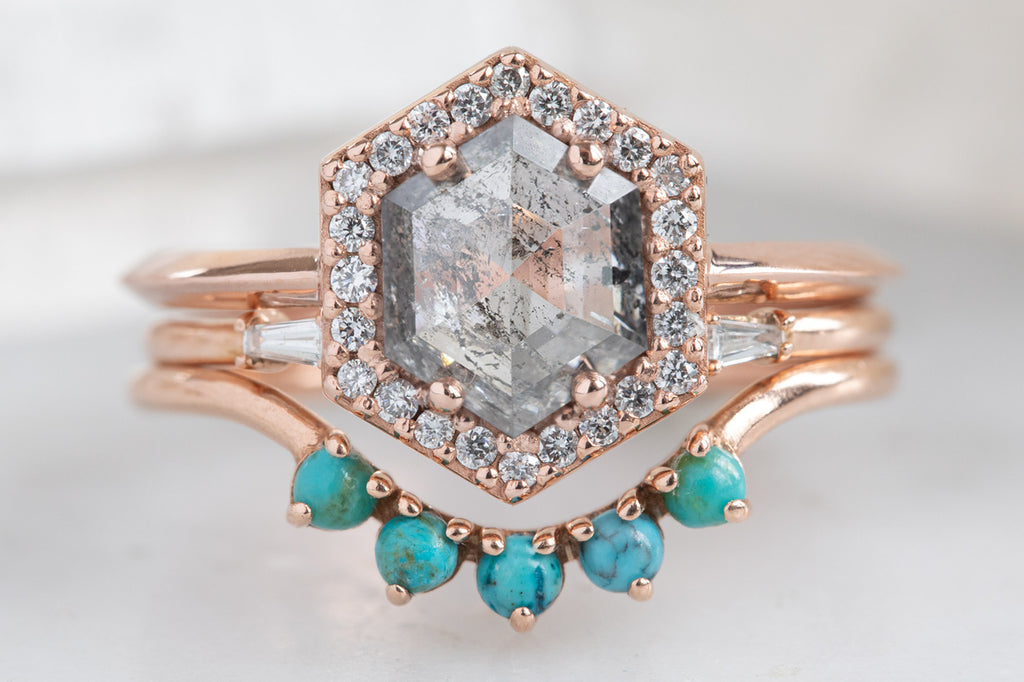 The Dahlia Ring with a Salt + Pepper Hexagon Diamond