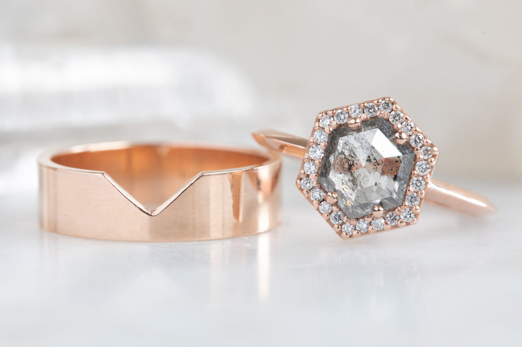 The Dahlia Ring with a Salt + Pepper Hexagon Diamond