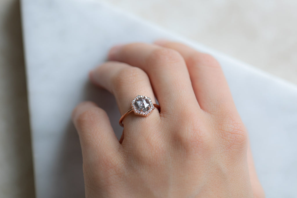 The Dahlia Ring with a Salt + Pepper Hexagon Diamond