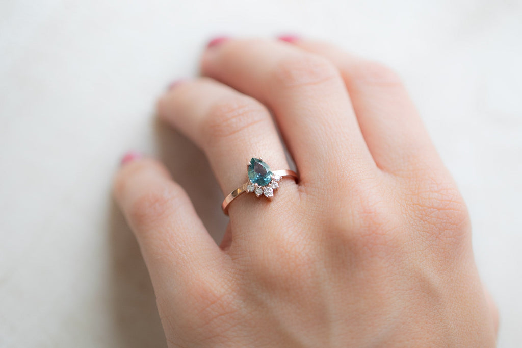 The Aster Ring with a Pear Cut Sapphire On Model
