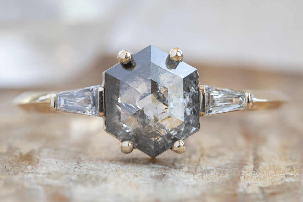 The Ash Ring With a Salt and Pepper Hexagon Diamond with stacking band