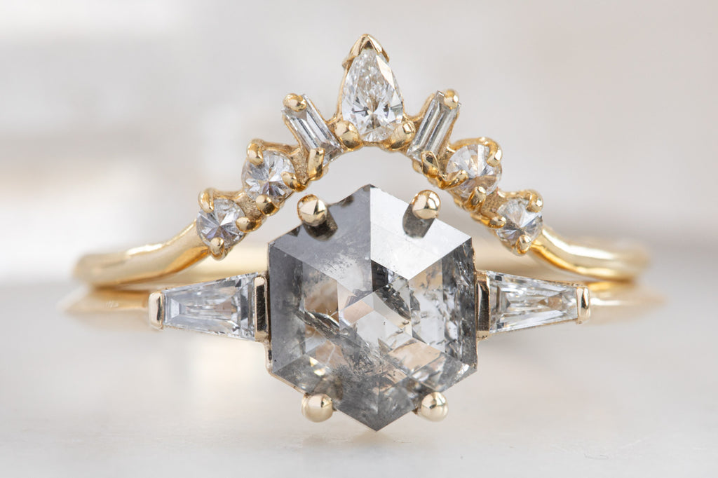 The Ash Ring With a Salt and Pepper Hexagon Diamond with stacking band