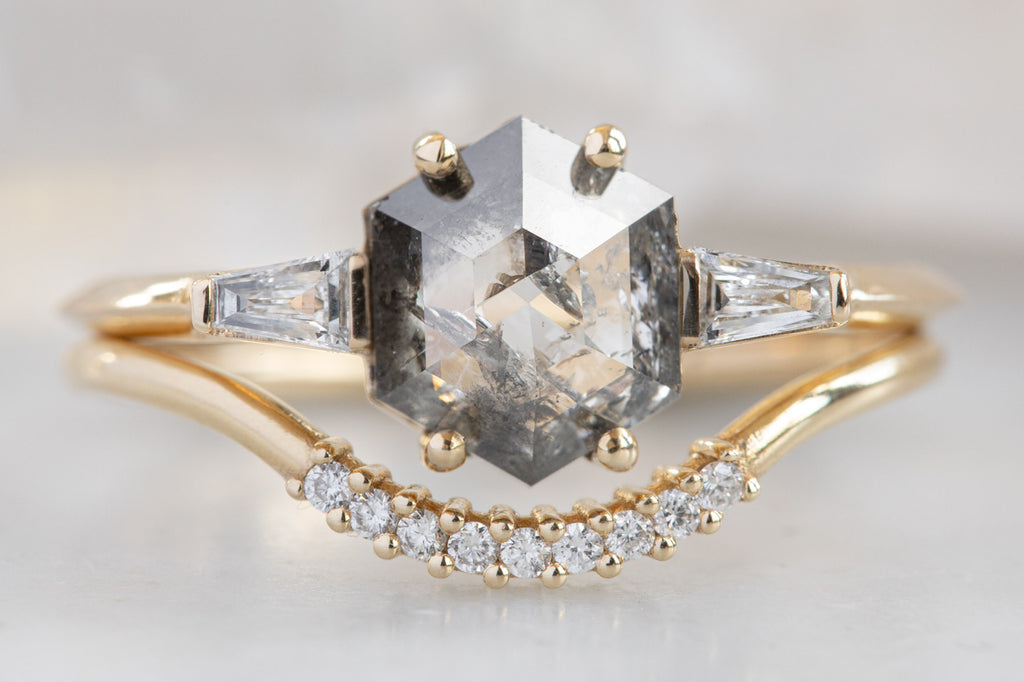 The Ash Ring With a Salt and Pepper Hexagon Diamond with stacking band