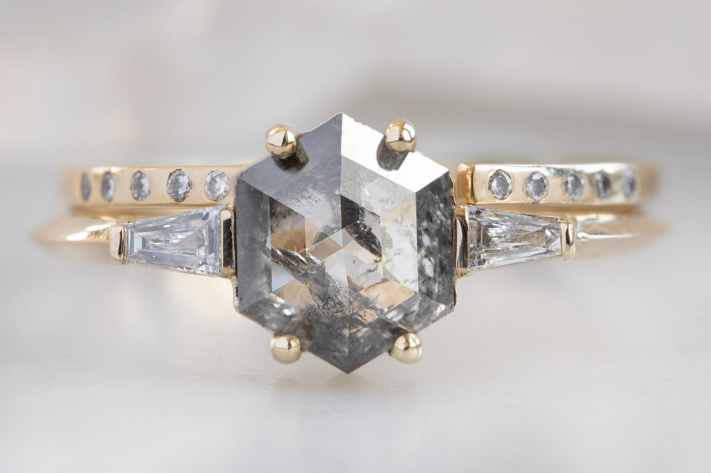 The Ash Ring With a Salt and Pepper Hexagon Diamond with stacking band