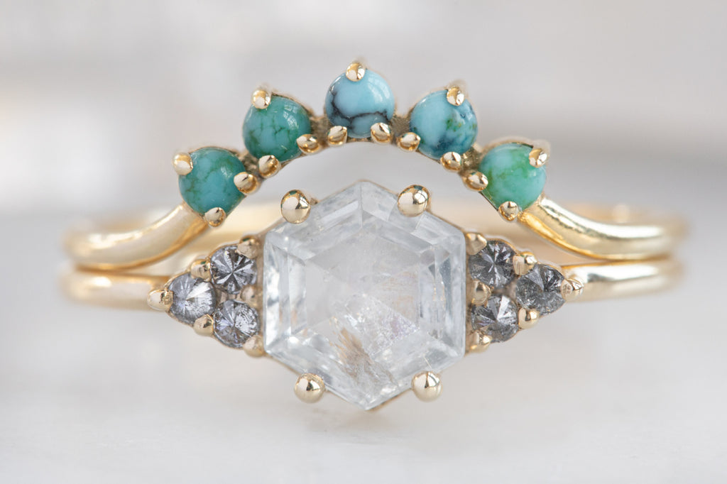 The Ivy Ring with a White Hexagon Diamond with a Turquoise stacking band