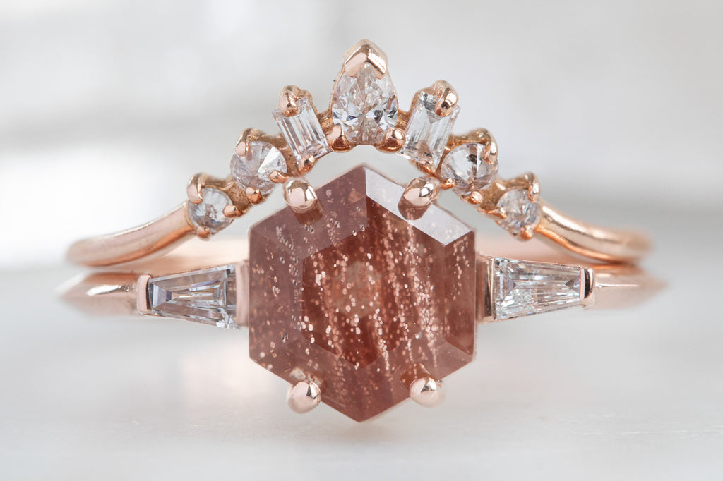 The Ash Ring with a Sunstone Hexagon with a stacking band