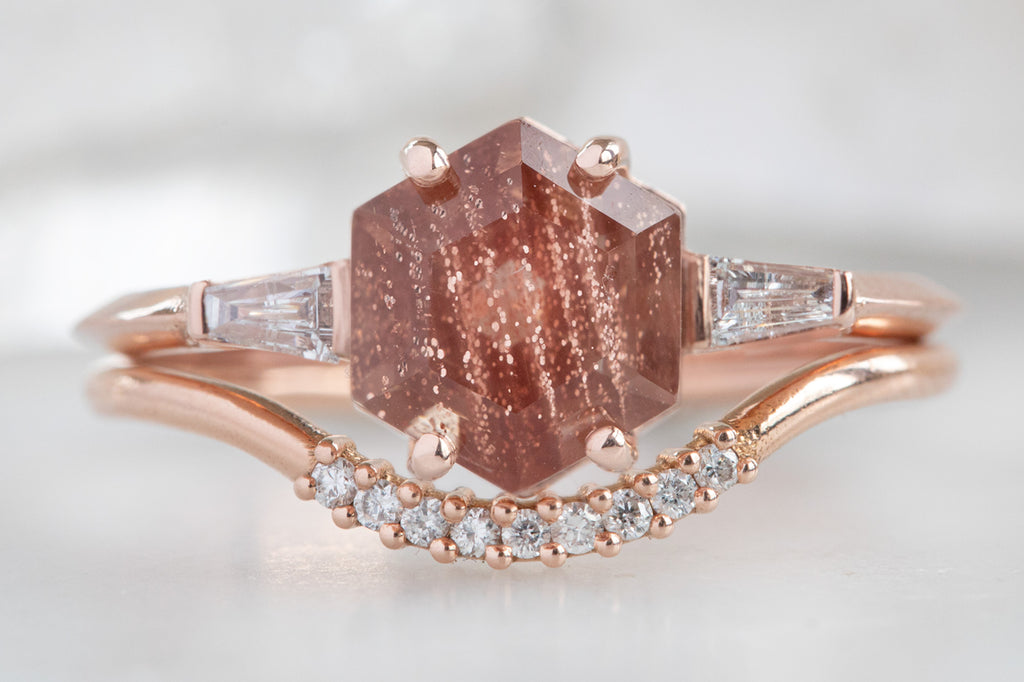 The Ash Ring with a Sunstone Hexagon with a stacking band