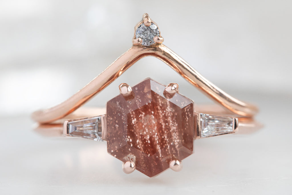 The Ash Ring with a Sunstone Hexagon with a stacking band