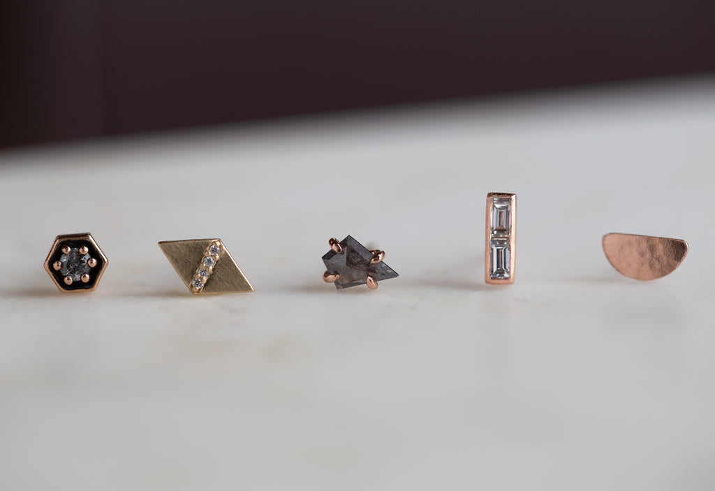 five rose gold stud earrings from Alexis Russell