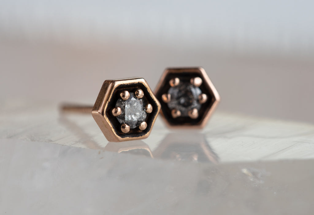 Rose Gold Galaxy Diamond Hexagon Stud Earrings on crystal