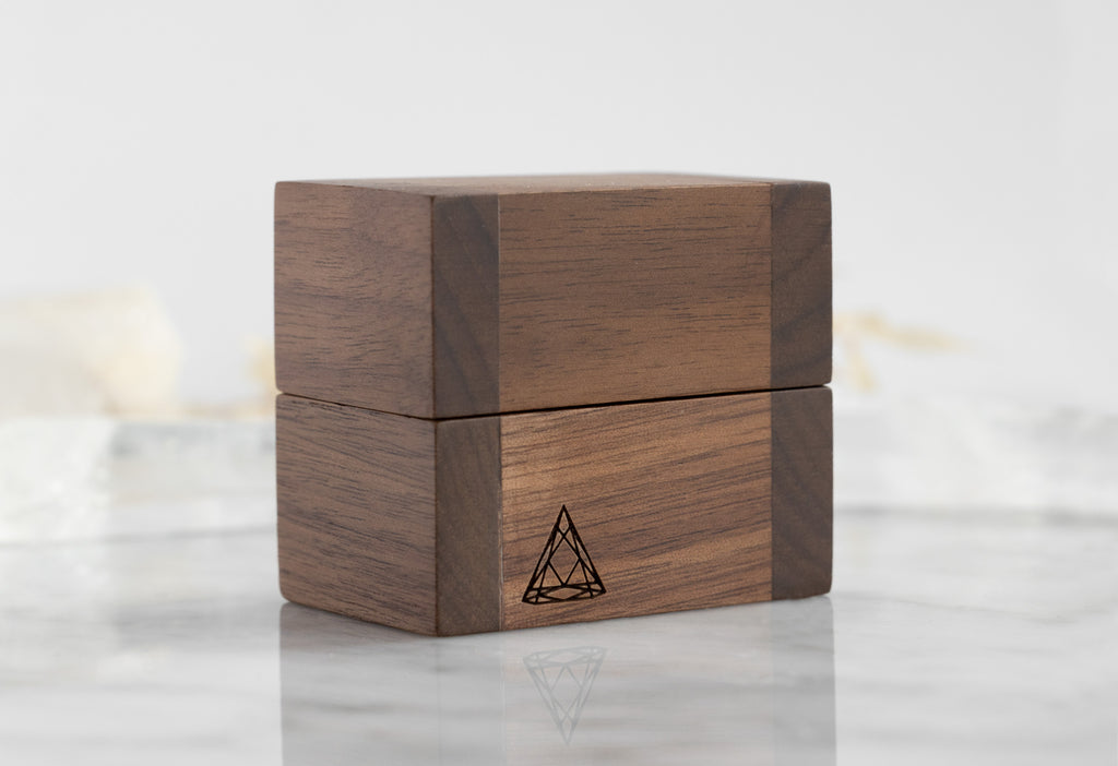 Alexis Russell Handcrafted Black Walnut Ring Box on White Marble Tile