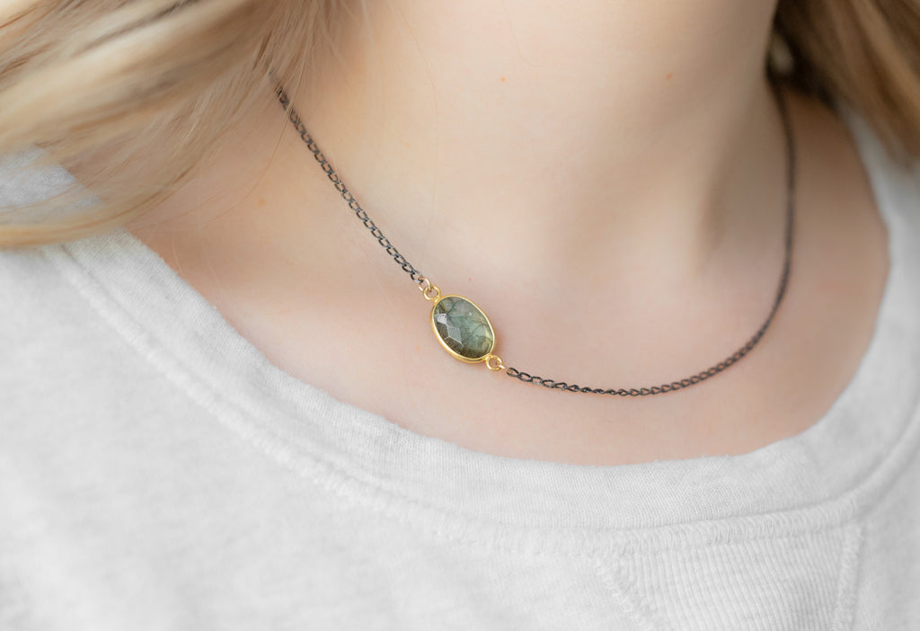Asymmetrical Labradorite Gemstone Necklace on Model