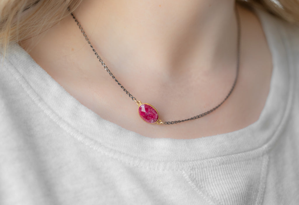 Asymmetrical Ruby Gemstone Necklace on Model