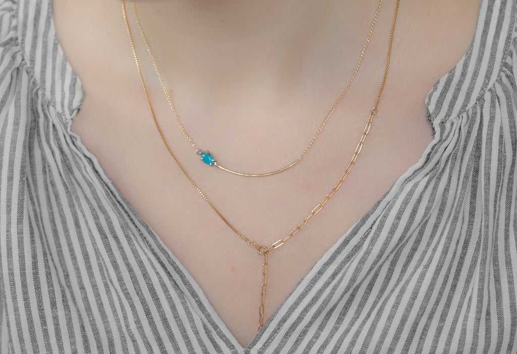 Asymmetrical Turquoise + Diamond Necklace Layered on Model