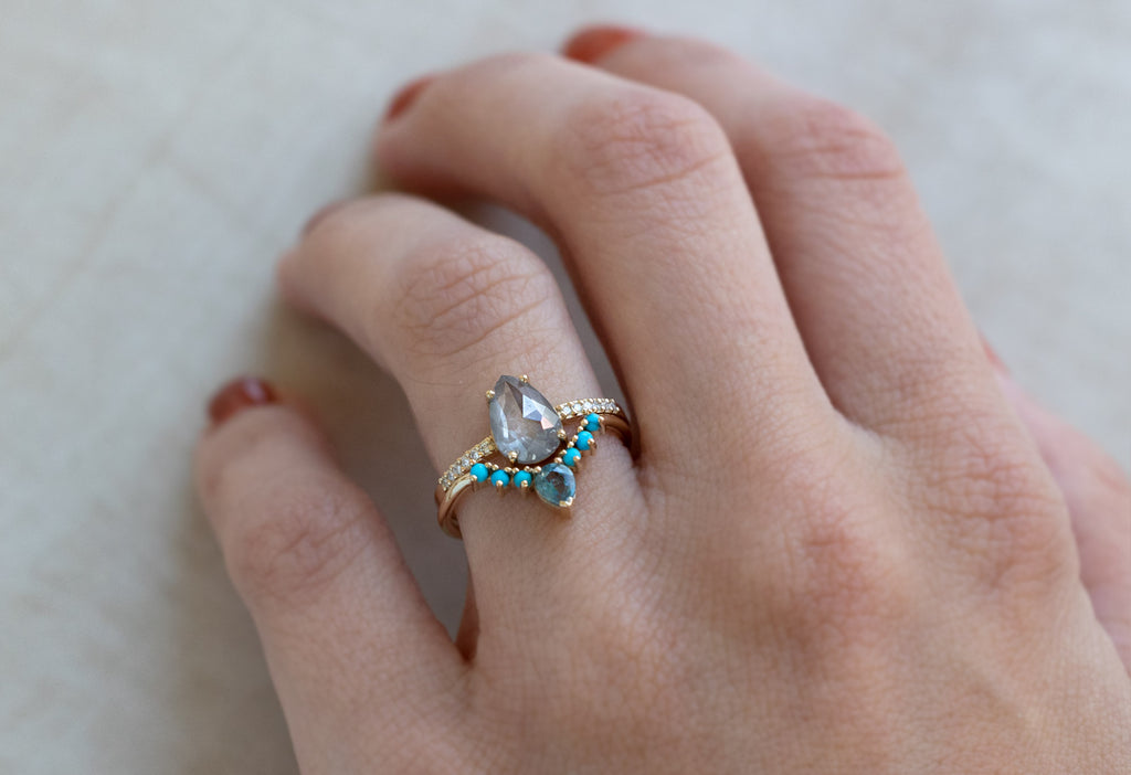 Montana Sapphire + Turquoise Sunburst Stacking Ring Stacked with Engagement Ring on Model