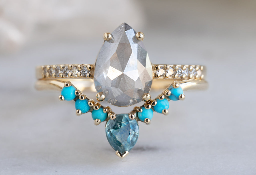 Montana Sapphire + Turquoise Sunburst Stacking Ring Stacked with Engagement Ring