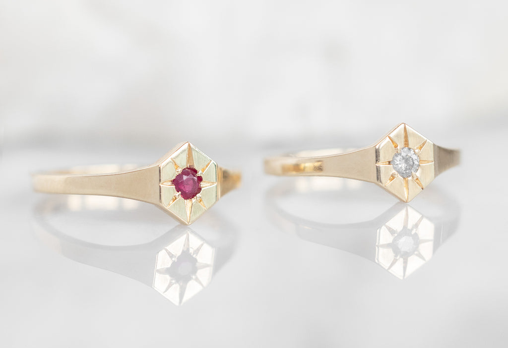 Side View of Birthstone Signet Rings in Yellow Gold 